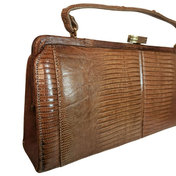 Vintage Palizzio Tegu Lizard Brown Rectangle Frame Closure 1960s Handbag - Picture 9 of 16